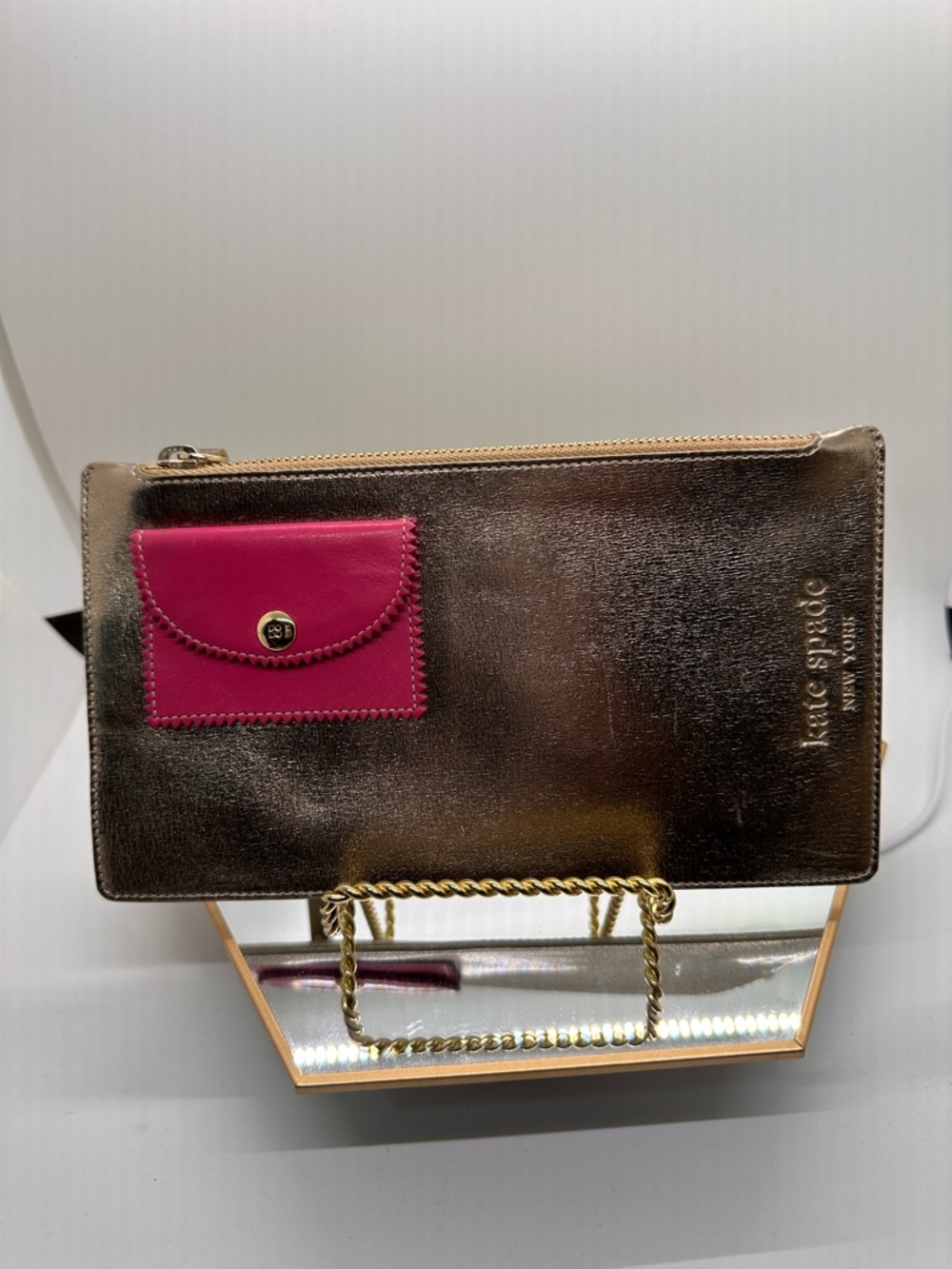 kate spade Metallic Gold Clutch with Pink Pocket